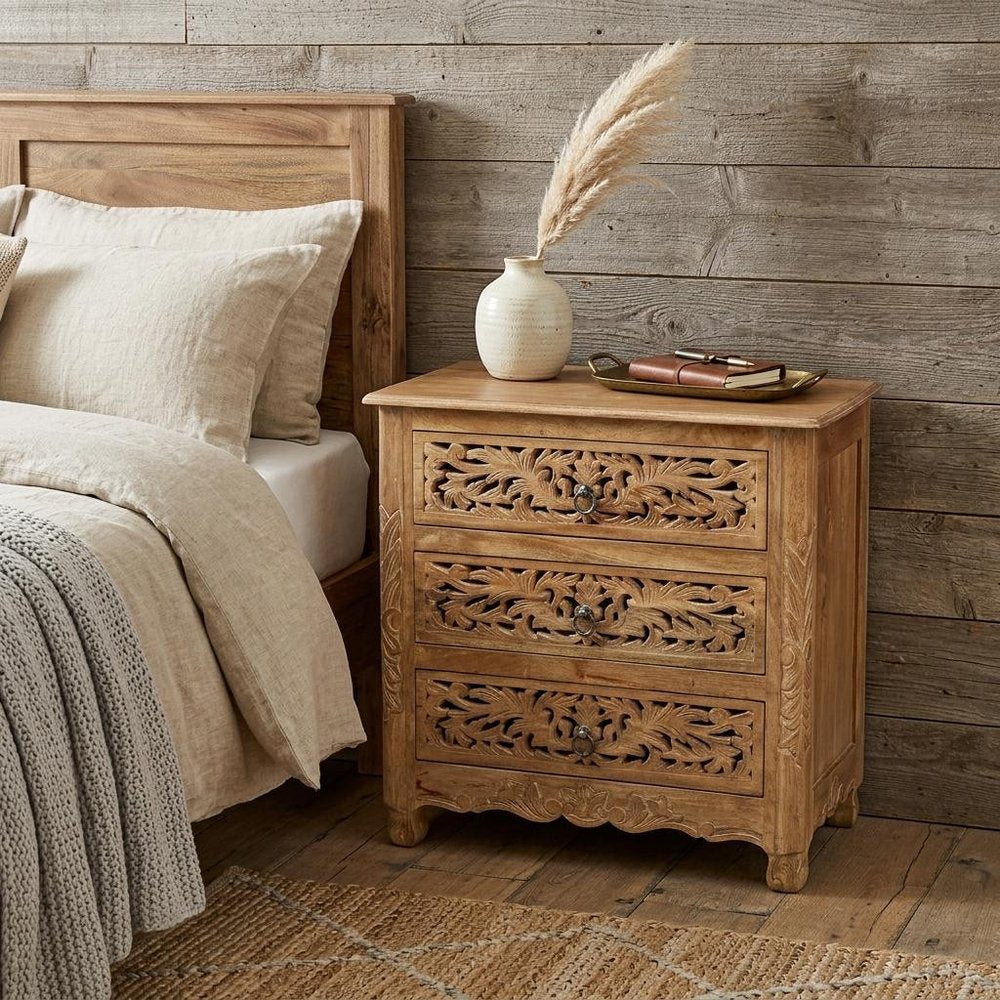 30" Brown Solid Wood Square Distressed Carved Floral Three Drawer Nightstand HomeRoots