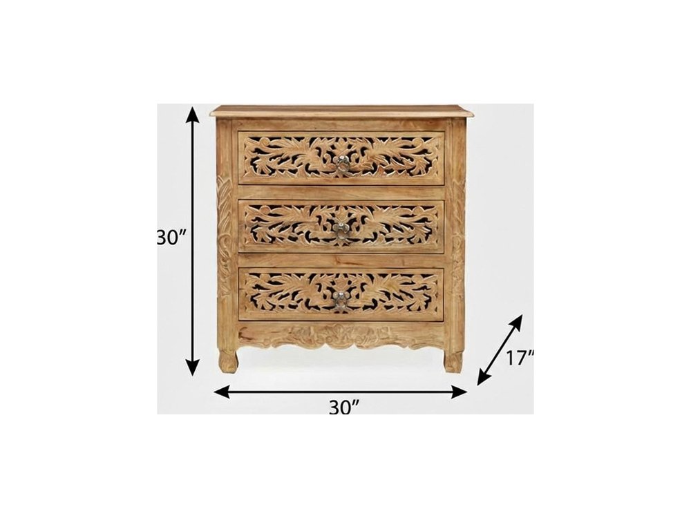 30" Brown Solid Wood Square Distressed Carved Floral Three Drawer Nightstand HomeRoots