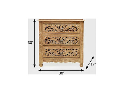 30" Brown Solid Wood Square Distressed Carved Floral Three Drawer Nightstand HomeRoots