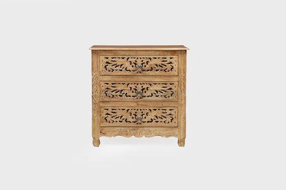 30" Brown Solid Wood Square Distressed Carved Floral Three Drawer Nightstand HomeRoots