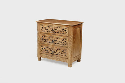 30" Brown Solid Wood Square Distressed Carved Floral Three Drawer Nightstand HomeRoots