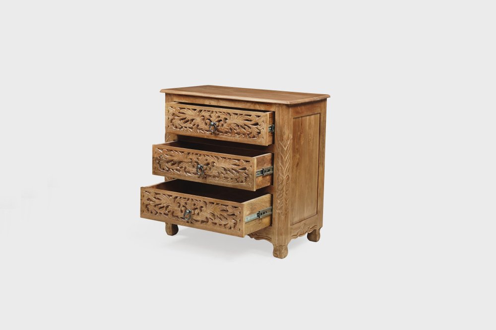 30" Brown Solid Wood Square Distressed Carved Floral Three Drawer Nightstand — view 3