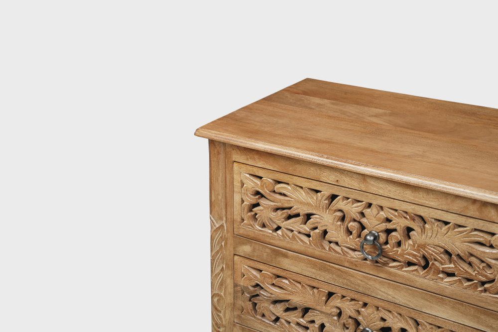 30" Brown Solid Wood Square Distressed Carved Floral Three Drawer Nightstand HomeRoots