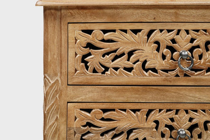 30" Brown Solid Wood Square Distressed Carved Floral Three Drawer Nightstand HomeRoots