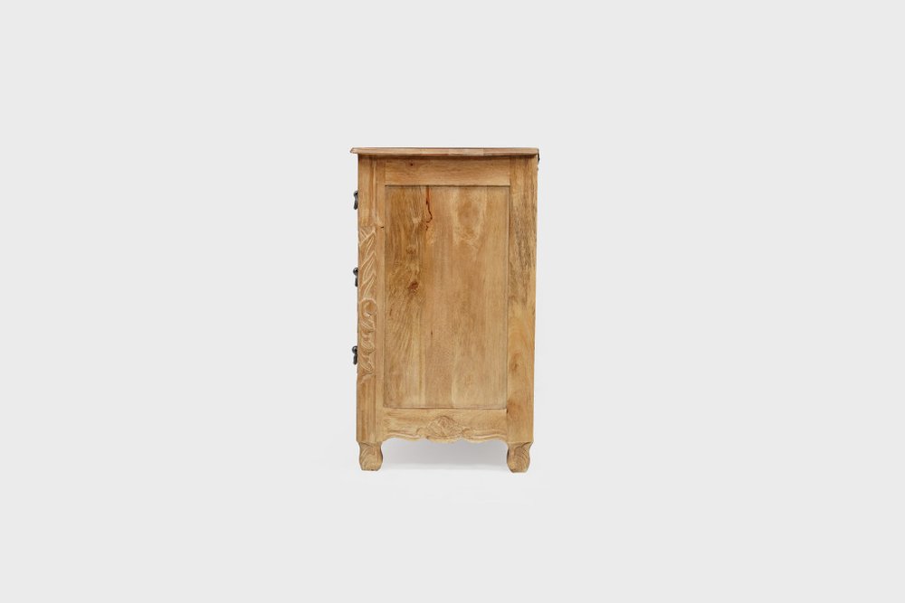 30" Brown Solid Wood Square Distressed Carved Floral Three Drawer Nightstand HomeRoots