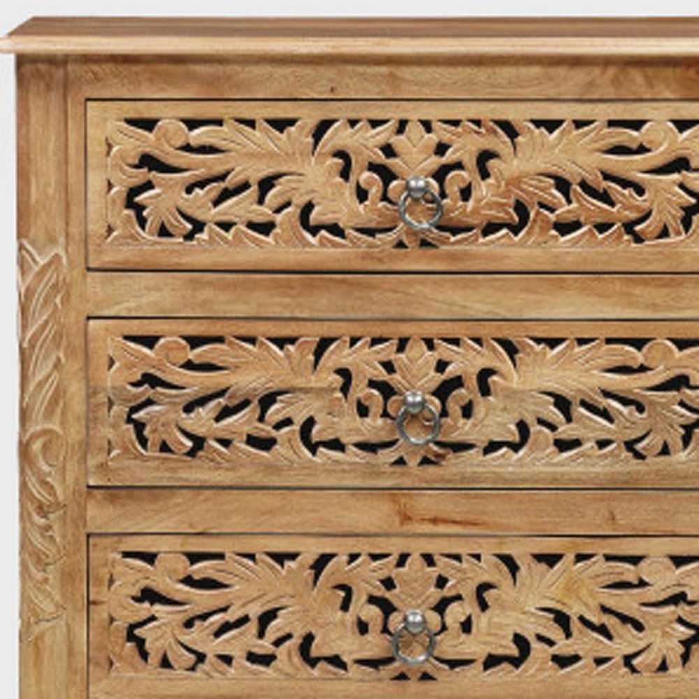 30" Brown Solid Wood Square Distressed Carved Floral Three Drawer Nightstand — view 9