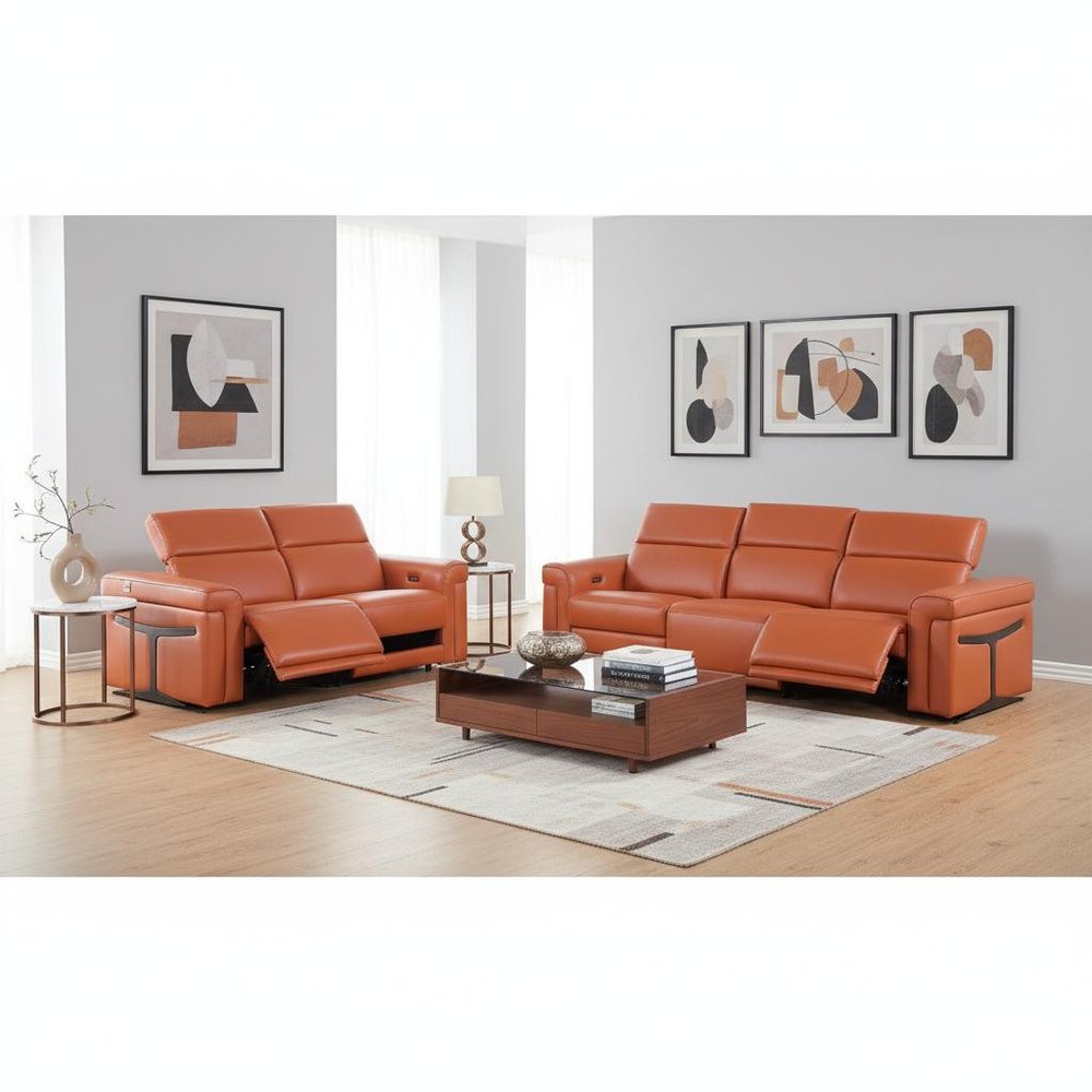 Two Piece Camel Italian Leather Five Person Seating Set — view 11