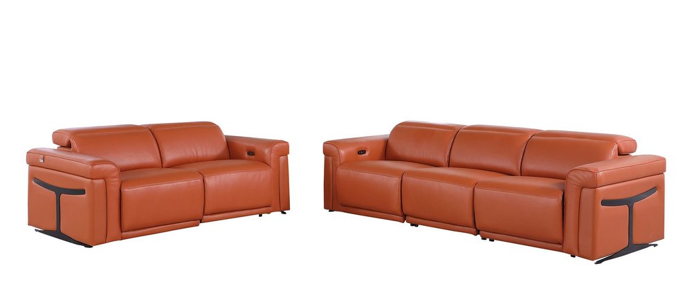 Two Piece Camel Italian Leather Five Person Seating Set — view 1