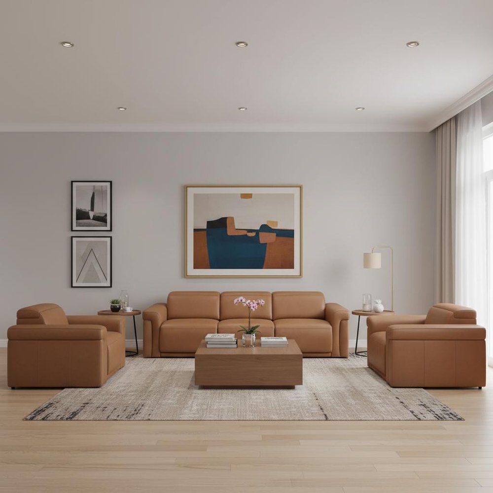 Two Piece Chestnut Italian Leather Five Person Seating Set — view 9