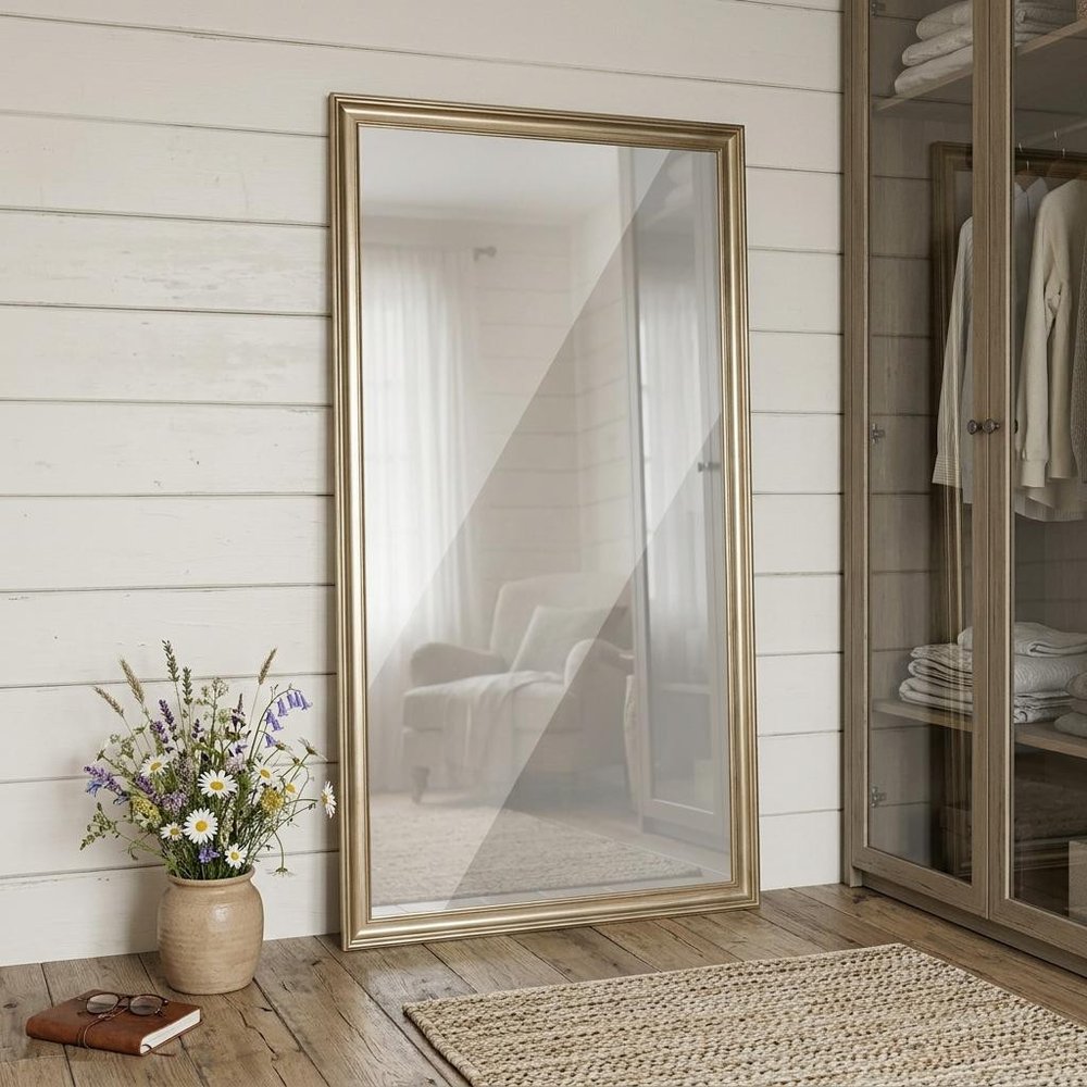 71" Golden Brown Wood Wall Mounted And Leaning Framed Full Length Mirror — view 2