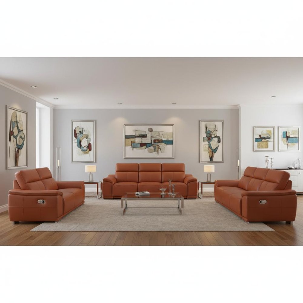 Three Piece Camel Genuine Leather Six Person Seating Set — view 11