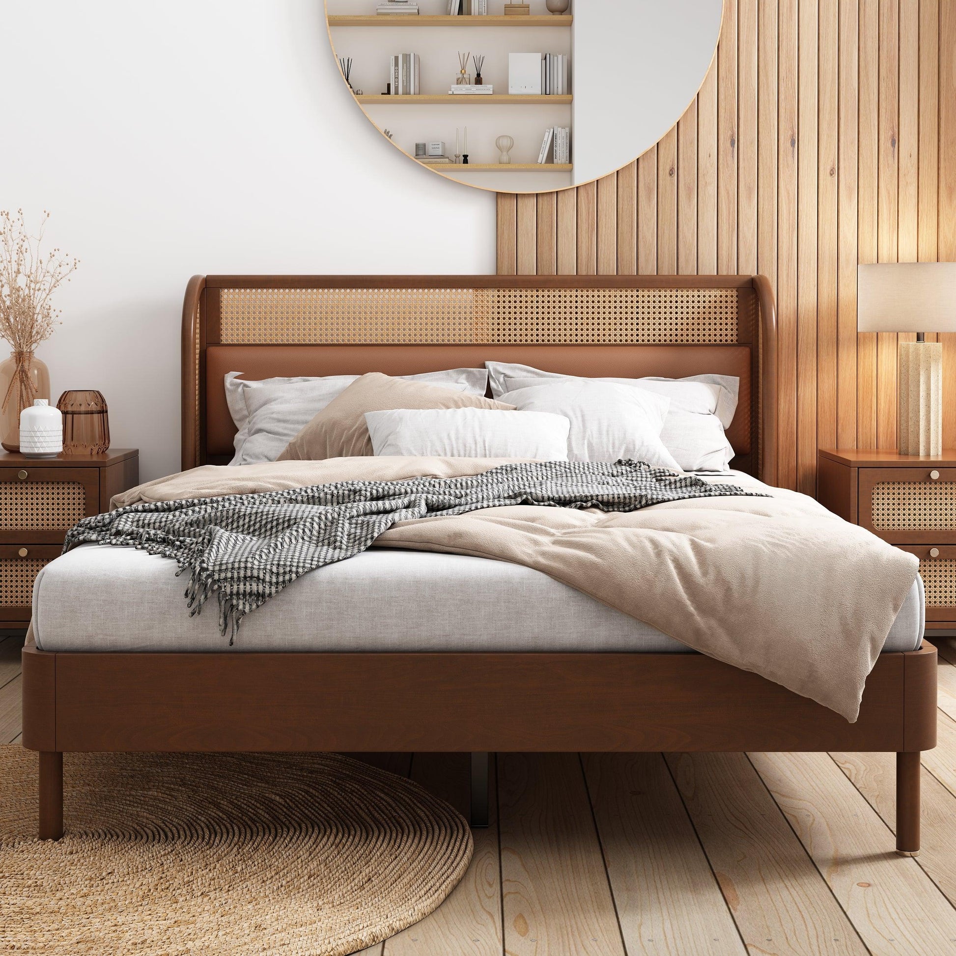 Modern Cannage Rattan Wood Platform Queen Bed Walnut - FurniFindUSA