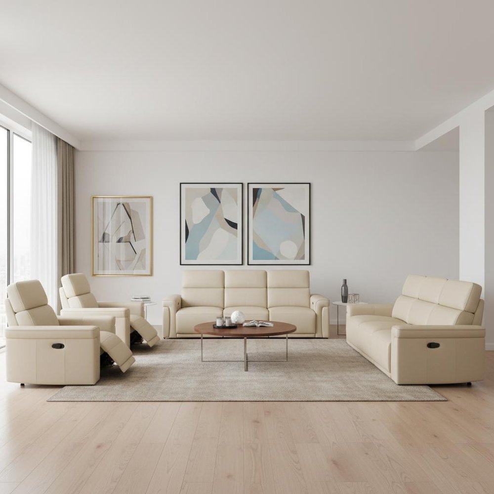 Three Piece Beige Italian Leather Six Person Seating Set — view 11