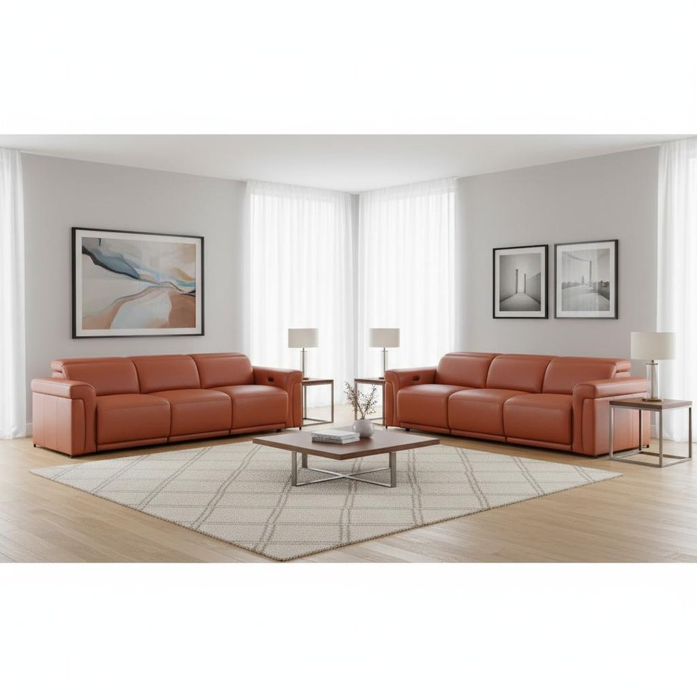 Three Piece Camel Italian Leather Six Person Seating Set — view 12