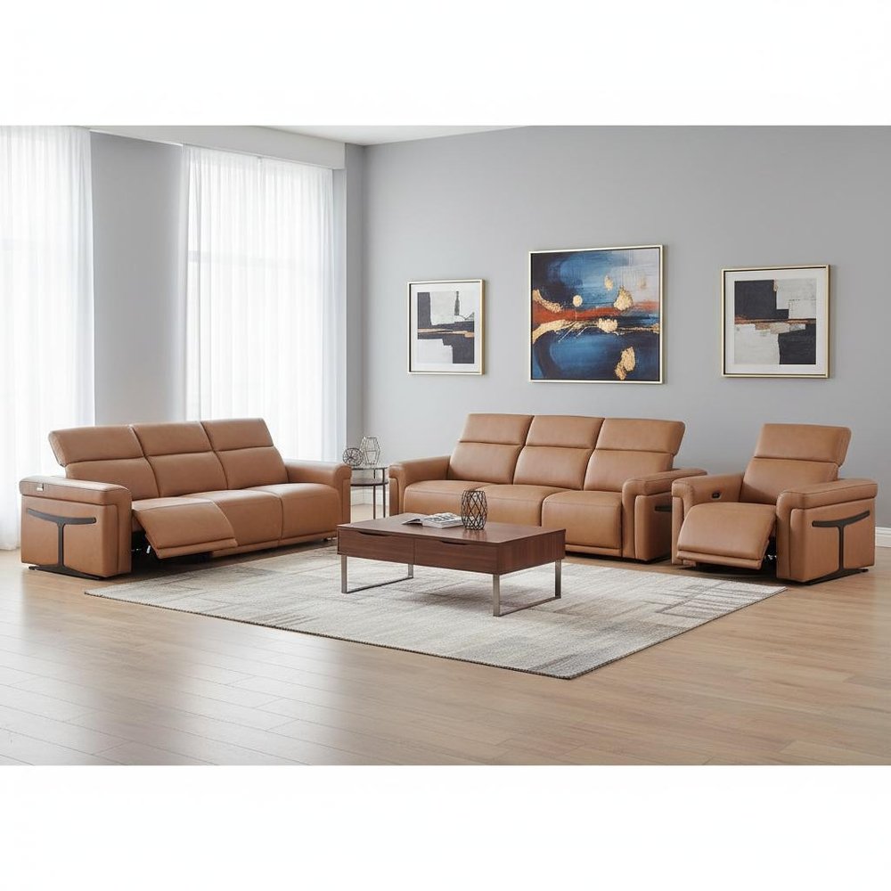 Three Piece Chestnut Italian Leather Six Person Seating Set — view 11