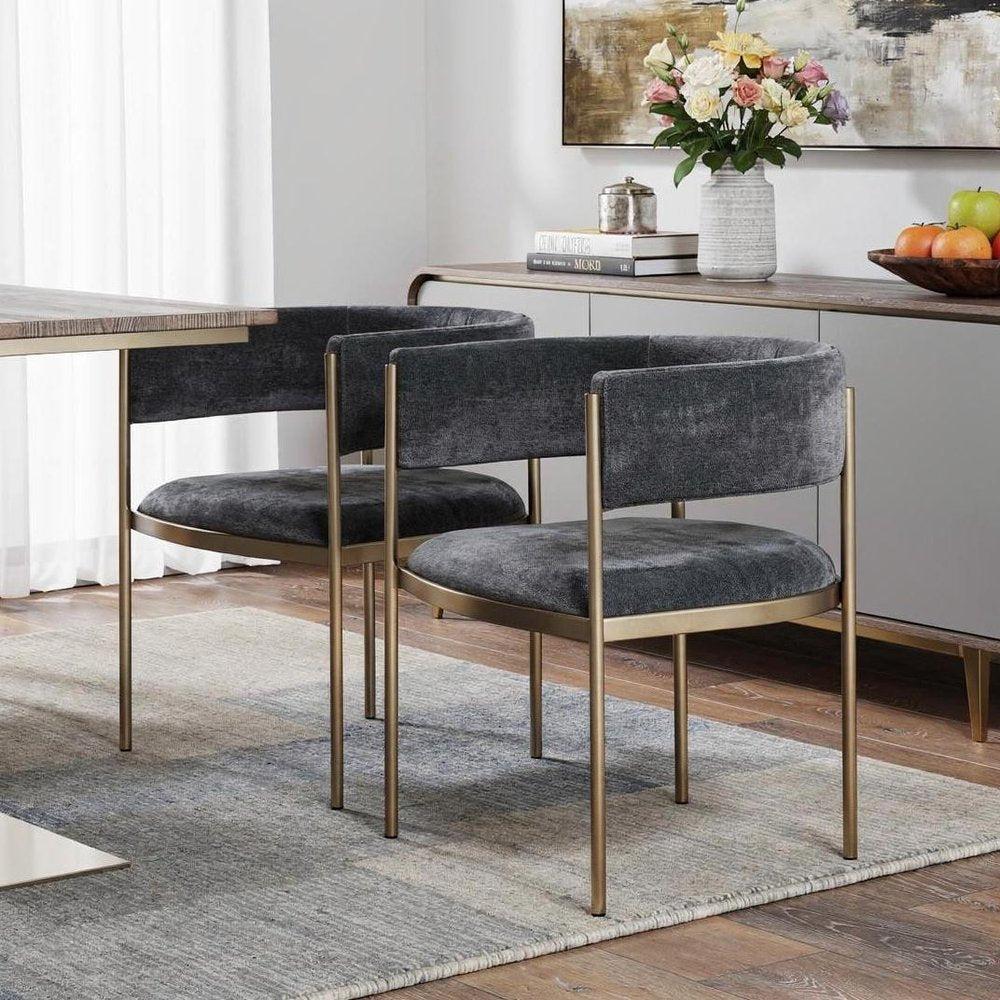 Set of Two Charcoal And Gold Fabric And Metal Partially Open Back Dining Arm Chairs HomeRoots