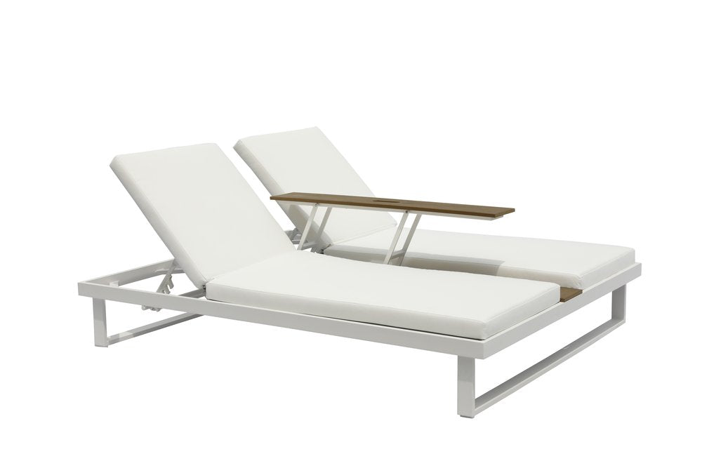 Set of Two White Aluminum Four Position Adjustable Outdoor Chaise Lounges with White Cushion HomeRoots