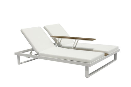 Set of Two White Aluminum Four Position Adjustable Outdoor Chaise Lounges with White Cushion HomeRoots