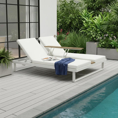 Set of Two White Aluminum Four Position Adjustable Outdoor Chaise Lounges with White Cushion HomeRoots