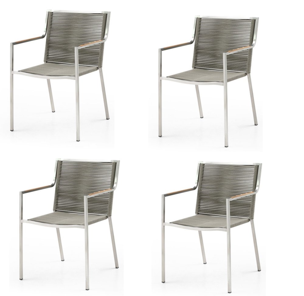 Set of Four Light Brown And Silver Woven Steel Outdoor Arm Chairs — view 9