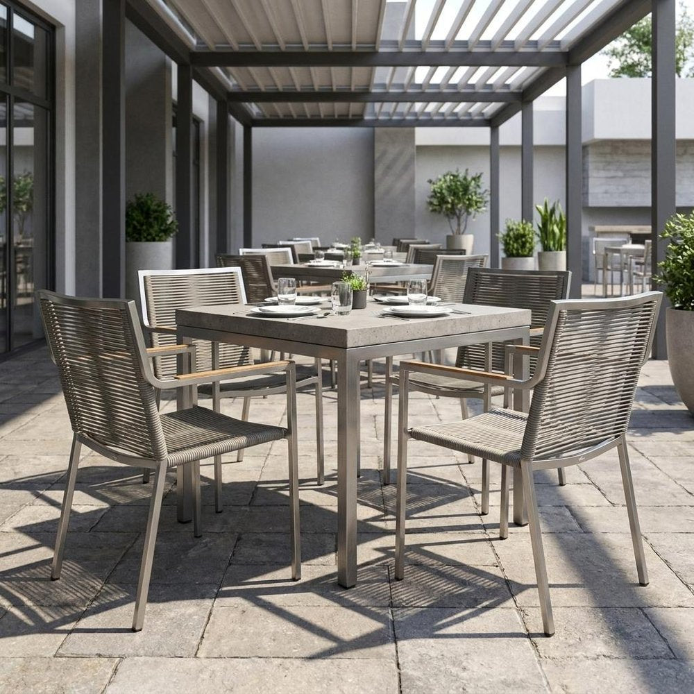 Set of Four Light Brown And Silver Woven Steel Outdoor Arm Chairs — view 10