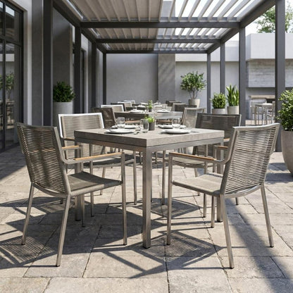 Set of Four Light Brown And Silver Woven Steel Outdoor Arm Chairs