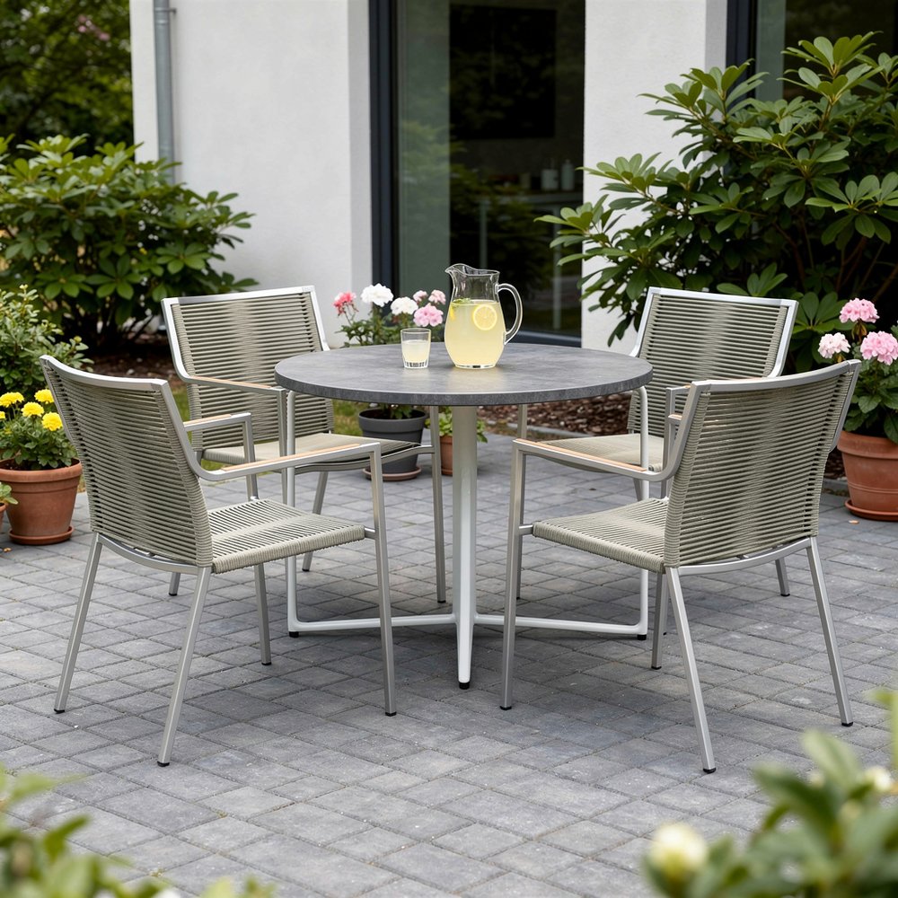 Set of Four Light Brown And Silver Woven Steel Outdoor Arm Chairs — view 8