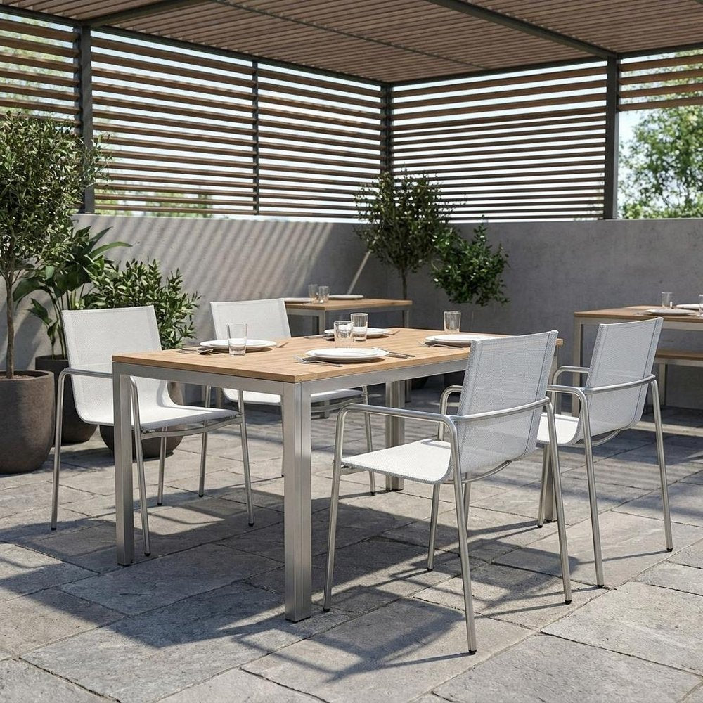 Set of Four Light Gray Steel Sling Outdoor Arm Chairs — view 10