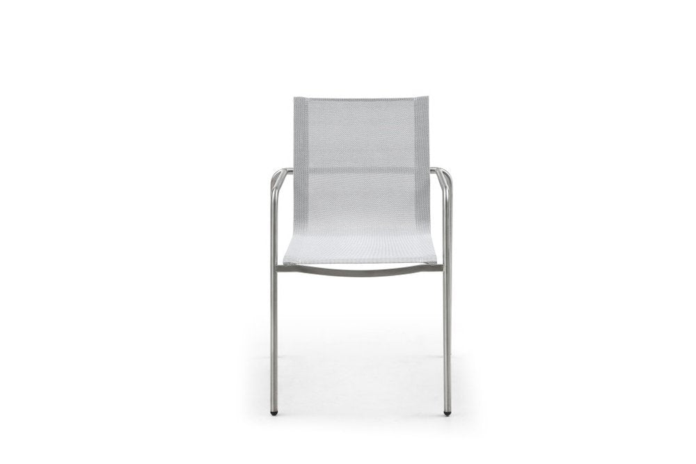 Set of Four Light Gray Steel Sling Outdoor Arm Chairs — view 1