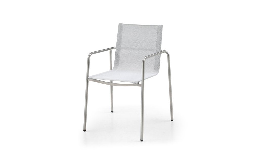 Set of Four Light Gray Steel Sling Outdoor Arm Chairs — view 2