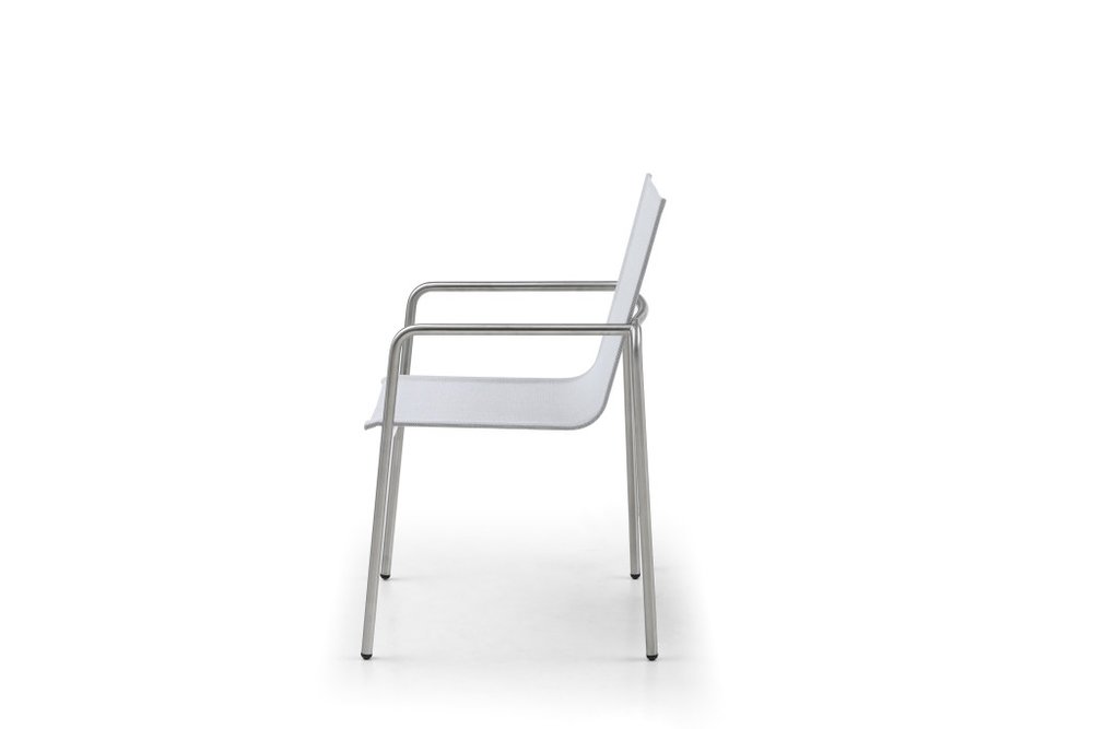 Set of Four Light Gray Steel Sling Outdoor Arm Chairs — view 3