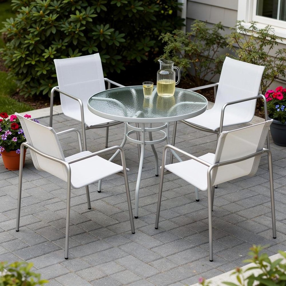 Set of Four Light Gray Steel Sling Outdoor Arm Chairs — view 8