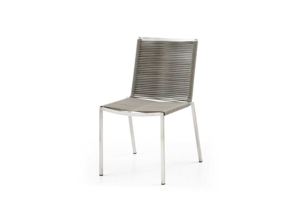 Set of Four Light Brown And Silver Woven Steel Outdoor Dining Chairs — view 1