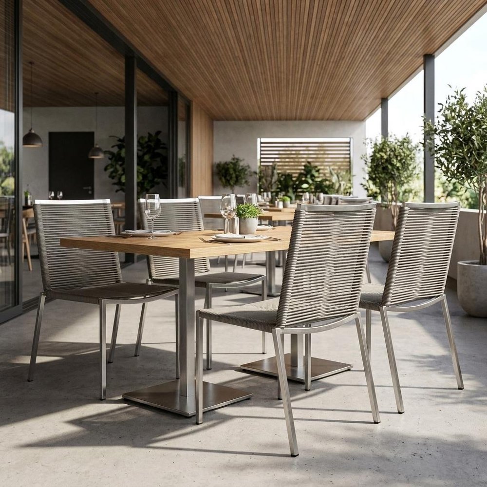 Set of Four Light Brown And Silver Woven Steel Outdoor Dining Chairs — view 9