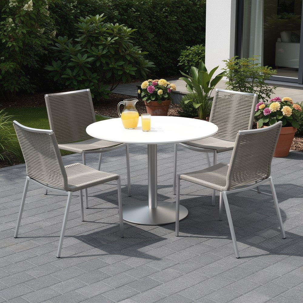 Set of Four Light Brown And Silver Woven Steel Outdoor Dining Chairs — view 7