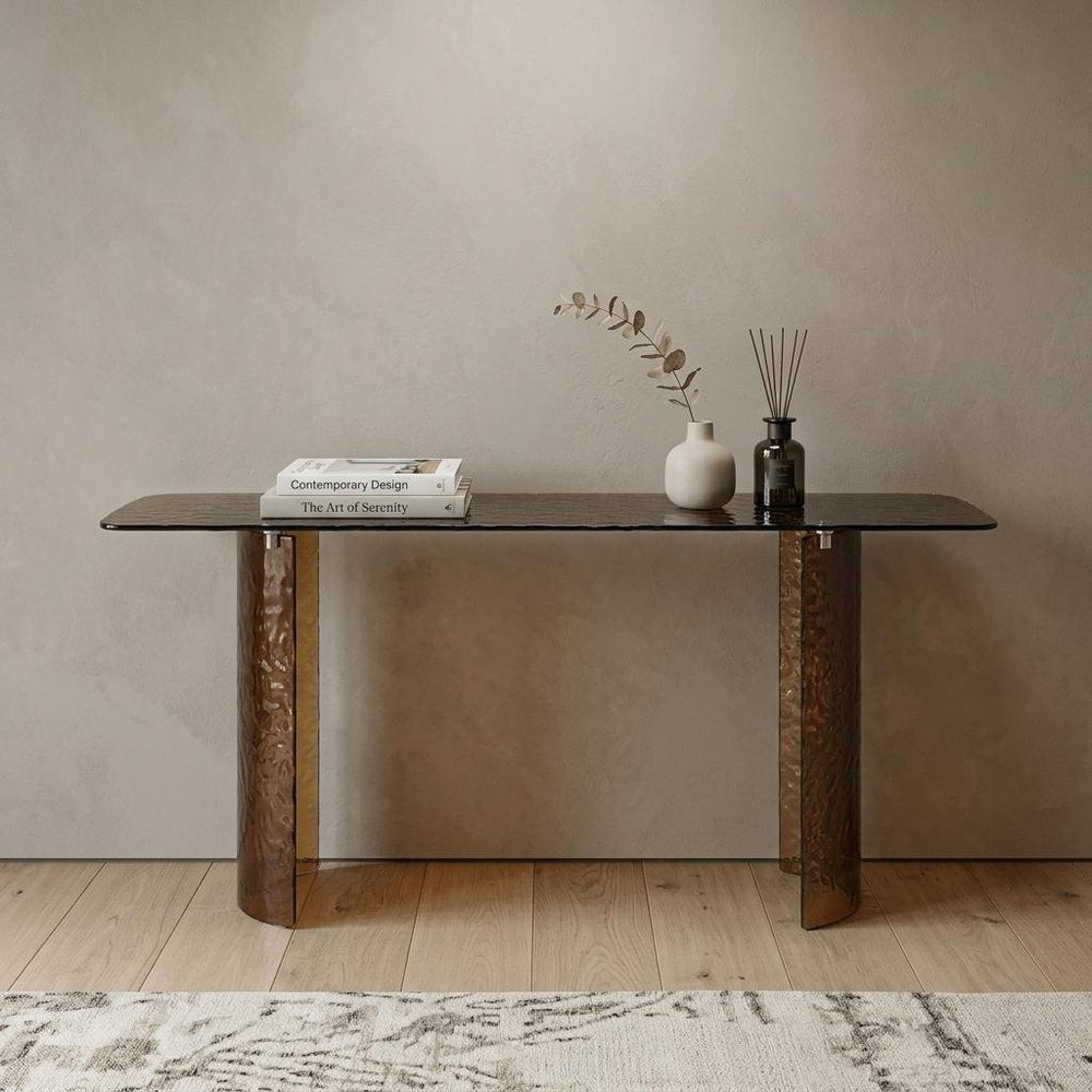 63" Bronze Glass Double Pedestal Console Table — view 1