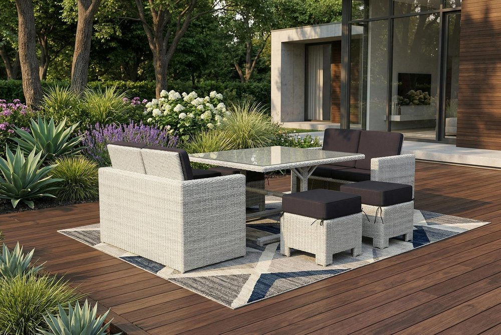 Seven Piece White and Dark Gray Wicker Upholstered Cushions Outdoor Patio Set With Table — view 3