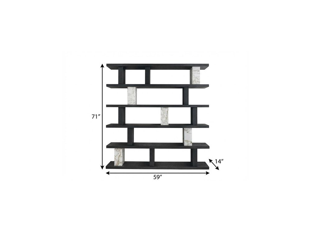 71" Black And White Wood And Faux Marble Five Tier Geometric Bookcase HomeRoots