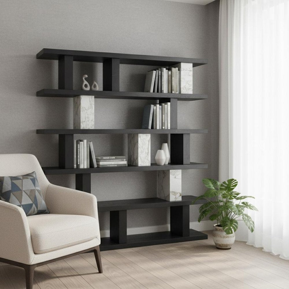 71" Black And White Wood And Faux Marble Five Tier Geometric Bookcase HomeRoots