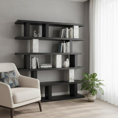 71" Black And White Wood And Faux Marble Five Tier Geometric Bookcase HomeRoots