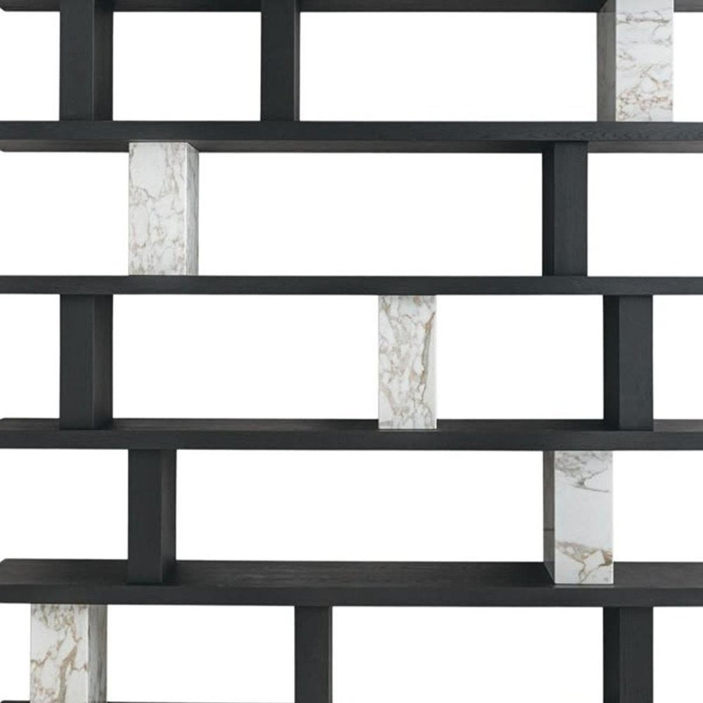 71" Black And White Wood And Faux Marble Five Tier Geometric Bookcase HomeRoots