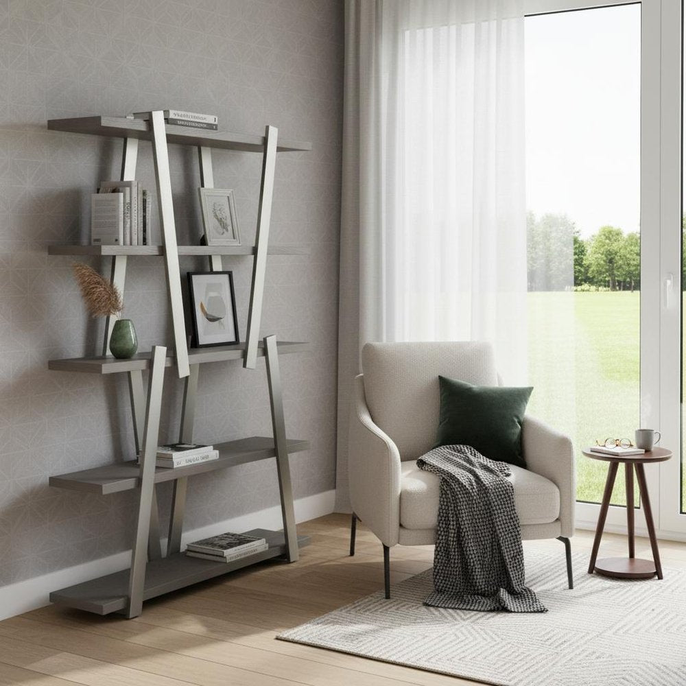 71" Gray And Silver Stainless Steel and Wood Four Tier Geometric Bookcase HomeRoots