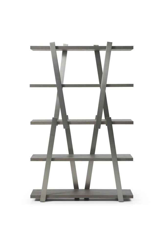 71" Gray And Silver Stainless Steel and Wood Four Tier Geometric Bookcase — view 1