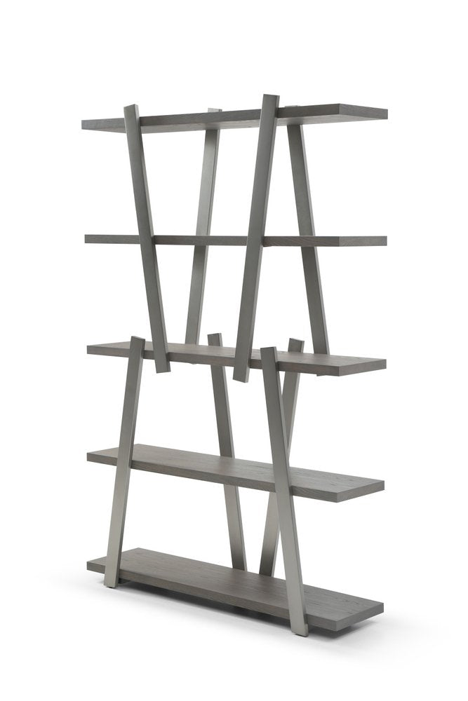 71" Gray And Silver Stainless Steel and Wood Four Tier Geometric Bookcase — view 2