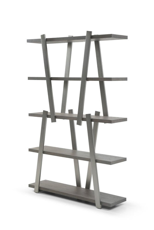 71" Gray And Silver Stainless Steel and Wood Four Tier Geometric Bookcase
