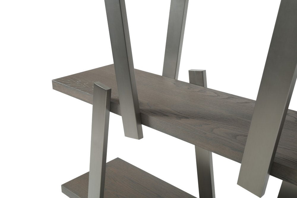 71" Gray And Silver Stainless Steel and Wood Four Tier Geometric Bookcase — view 3