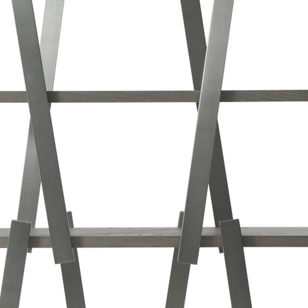 71" Gray And Silver Stainless Steel and Wood Four Tier Geometric Bookcase — view 4