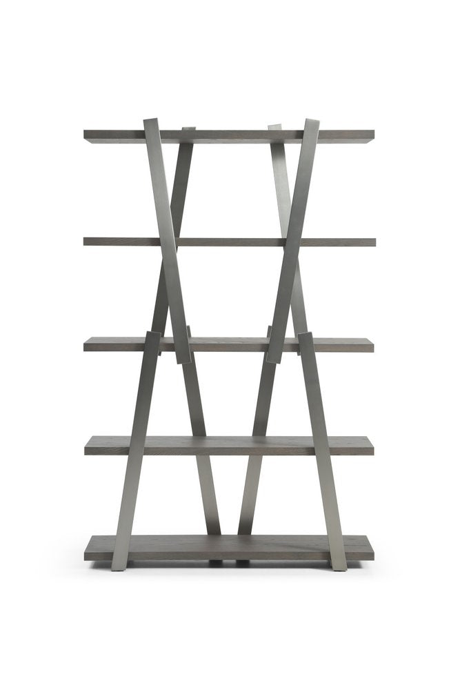 71" Gray And Silver Stainless Steel and Wood Four Tier Geometric Bookcase — view 5