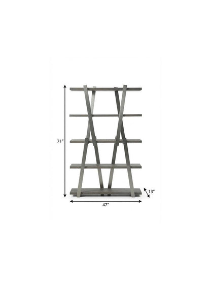 71" Gray And Silver Stainless Steel and Wood Four Tier Geometric Bookcase HomeRoots