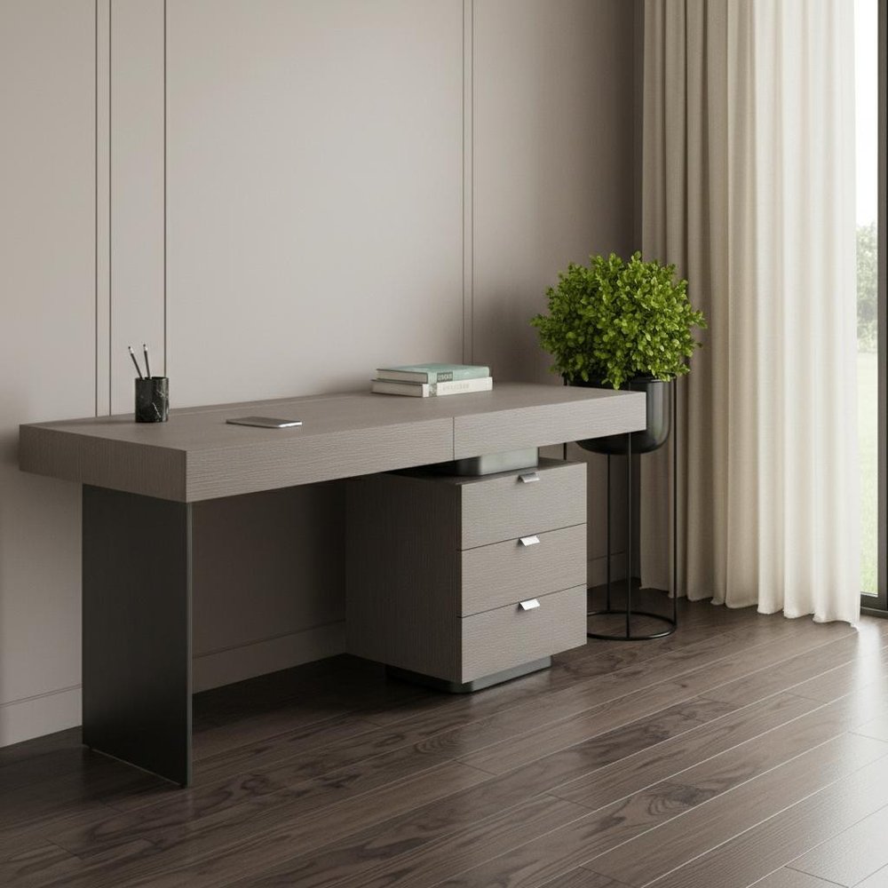 71" Gray Wood and Stainless Steel Computer Desk With Five Drawers — view 8